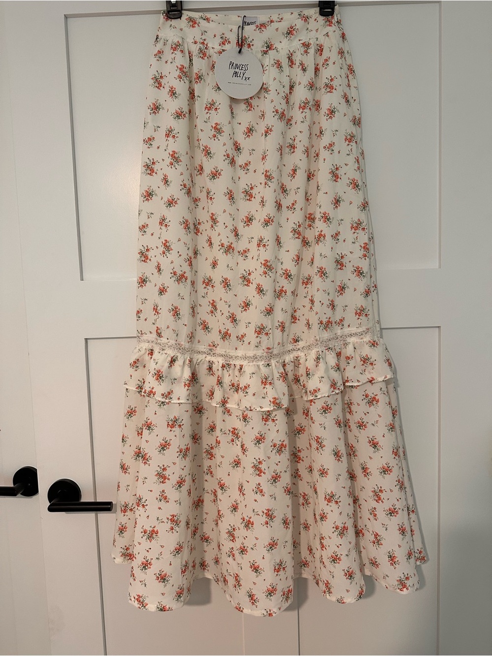 Princess Polly Cream Maxi Skirt with Coral Floral Print